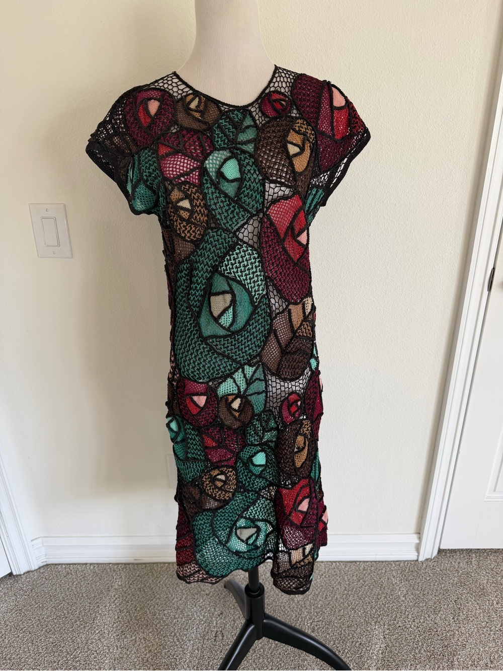 Lim’s Vintage Crochet Overlay Midi Dress in Black, Teal, Burgundy & Brown